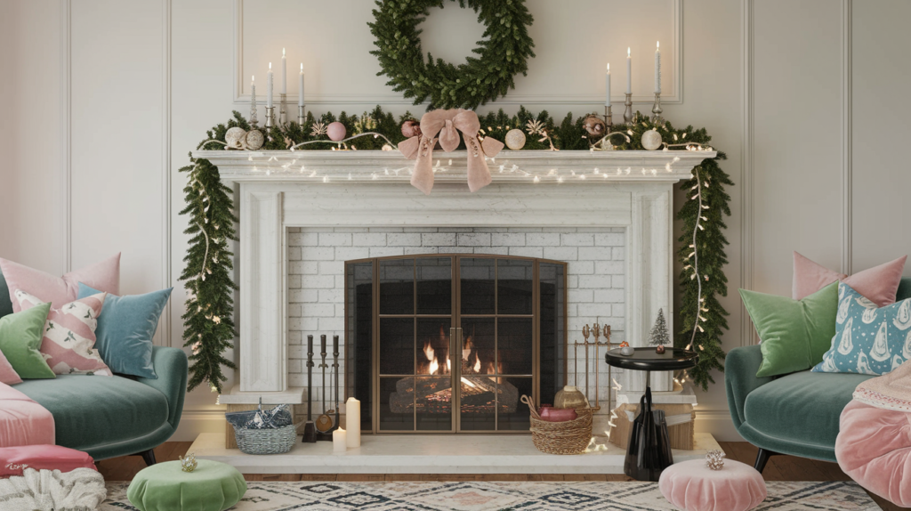 Cozy living room with a beautiful fireplace and mantel, adorned with a greenery wreath, twinkle lights, candles, and Christmas ornaments.