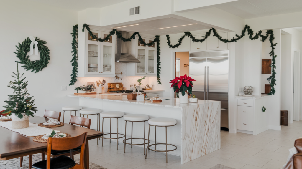 Festive kitchen and dining room with mini christmas tree and poinsettia