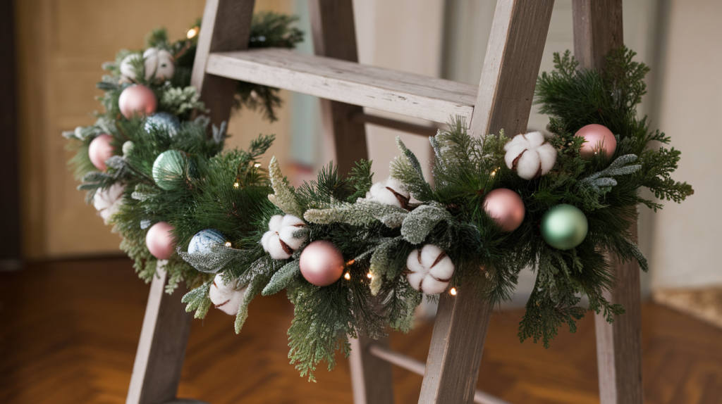 Christmas garland with evergreen branches, cotton balls, and pastel coloured baubles.