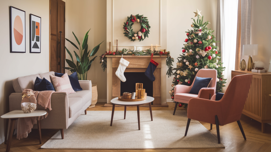 A modern living room decorated with classic Christmas colours (green, red, and gold) and modern colours such as blush, gold, and navy blue.