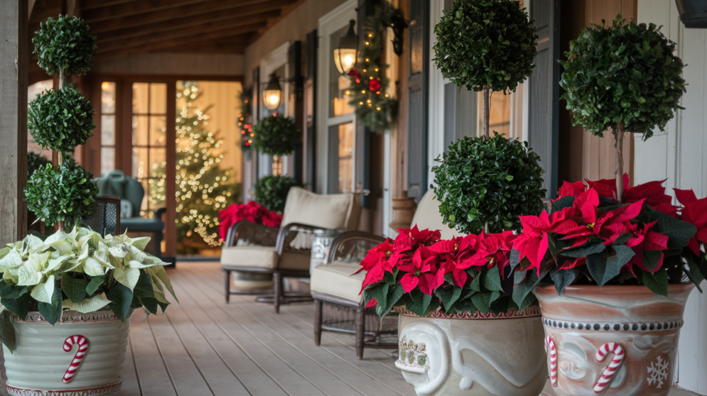 A rustic porch with a festive potted plants.