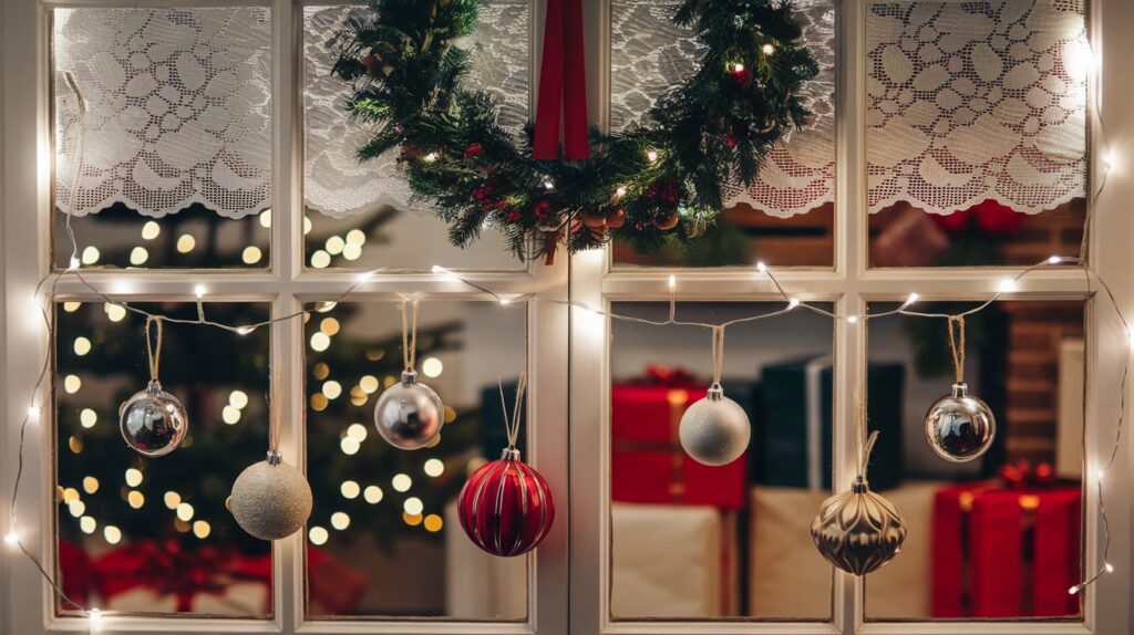 Window decorated for christmas with string lights and baubles