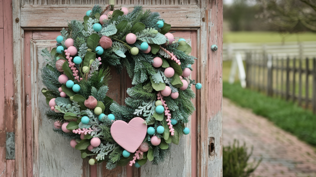 Pastel pink, blue, and green Christmas wreath with evergreen branches.