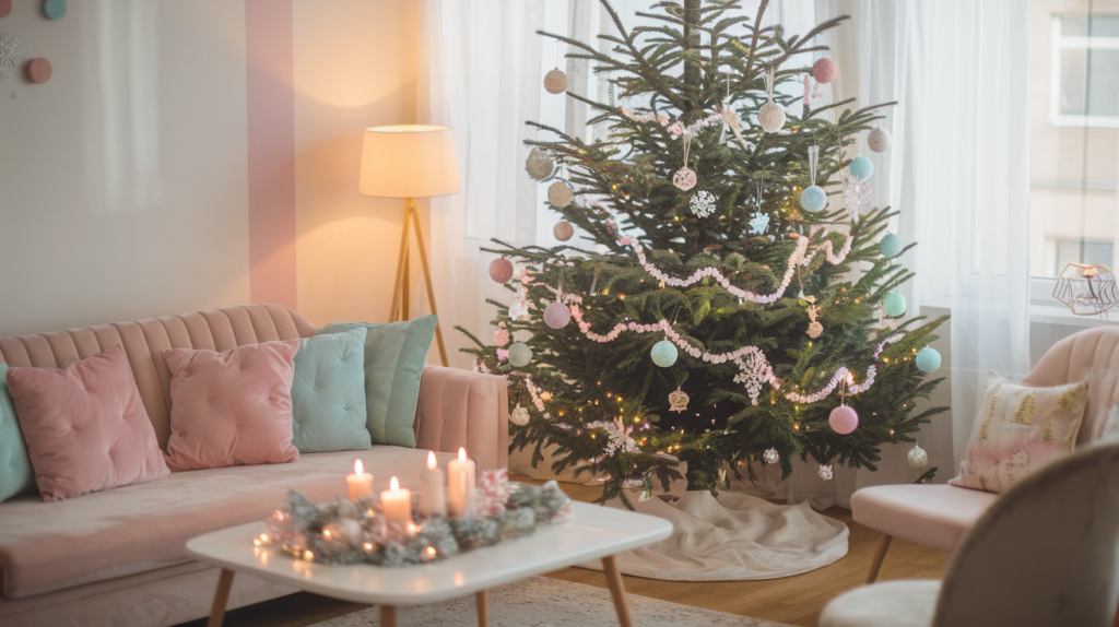 Cozy living room and Christmas tree with whimsical pastel accents.