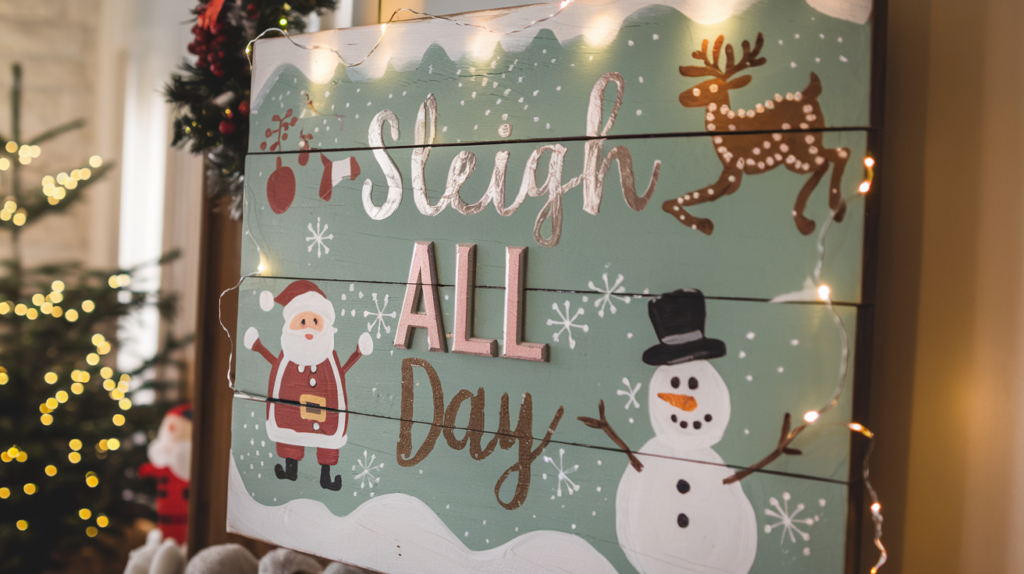 Rustic Christmas Wall Decor with text "Sleigh All Day"