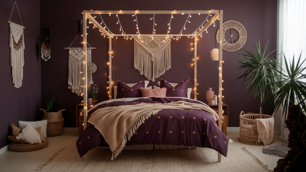 Boho style bedroom with string lights for the festive season, with rich, cozy colors