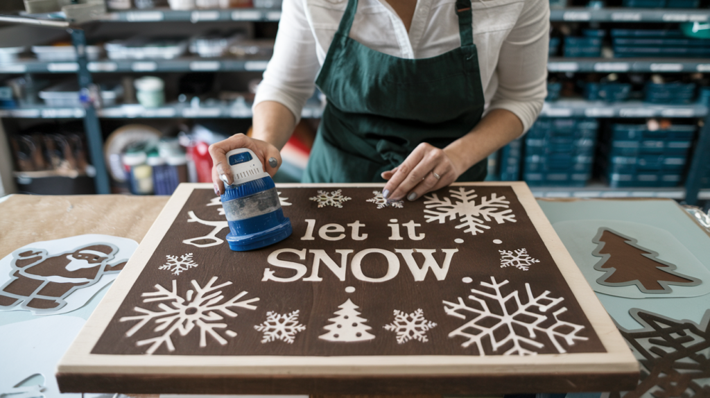 Woman stenciling christmas wall art with the words 'Let It Snow'