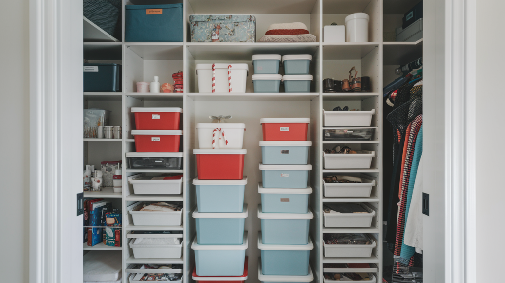 Open closet with organized shelving with Christmas-colored stackable boxes for festive decorations, and other stacked storage.