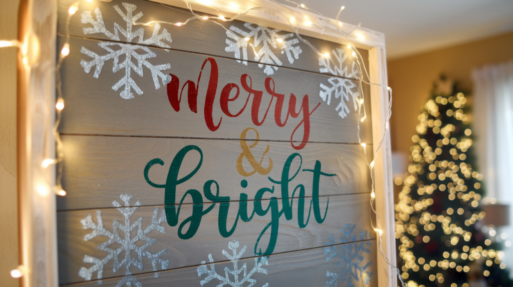 Christmas wall art with 'Merry & Bright' text
