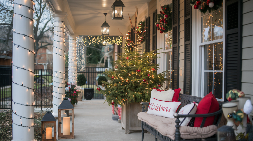 Front porch of a house decorated for Christmas with fairy lights , Christmas tree in a planter, lanterns and baubles