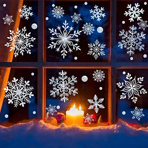 BEAUTIFUL 318 Pcs Christmas White Snowflakes Clings Decoration Set -12 Sheets