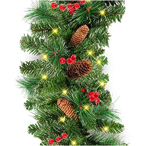 Pre-Lit Christmas Garland - 9ft, 50 Lights, Pine Cones, Berries - Unflocked