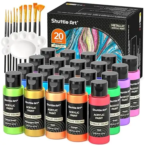 Shuttle Art Metallic Acrylic Paint Set, 20 Colors Metallic Paint in Bottles (60ml, 2oz) with 10 Brushes and 1 Palette, Rich Pigments, Non-Toxic for Artists, Beginners on Rocks Crafts CanvasWood Fabric
