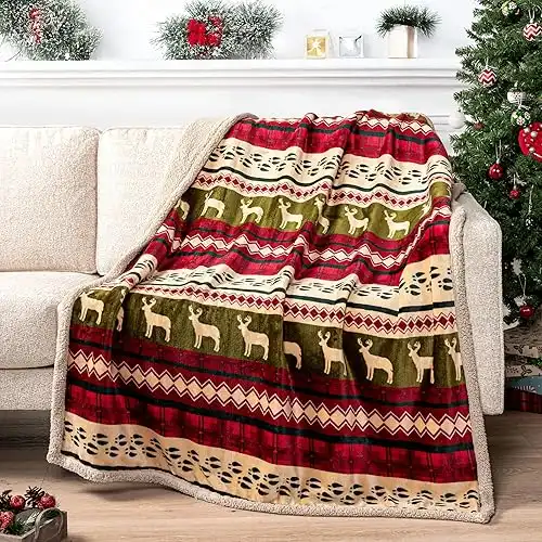 PAVILIA Premium Reversible Christmas Blanket Sherpa Fleece Throw 50x60